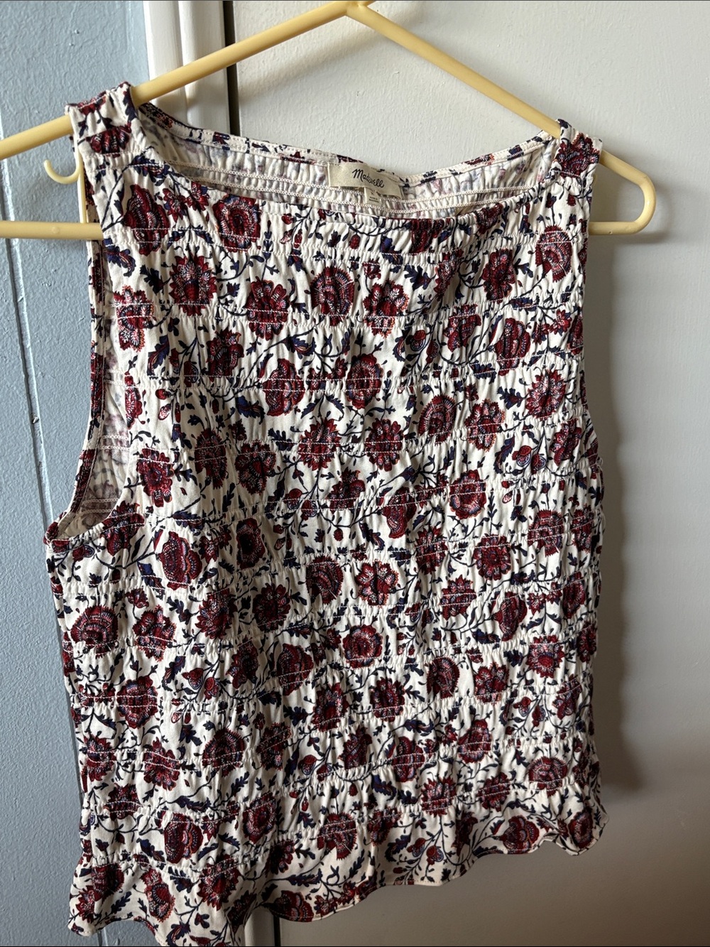 Madewell Cream Floral Smocked Sleeveless Tank with Red and Navy Print